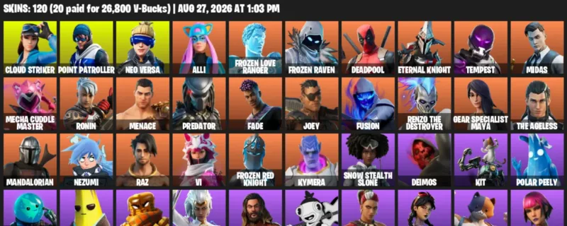 Fortnite account inventory for LVL 1214 - Cloud Striker - Point Patroller - 120 Outfits