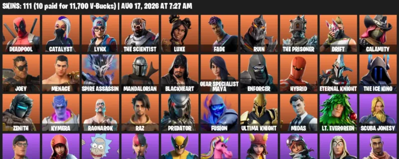 Fortnite account inventory for LVL 2007 - Deadpool - Catalyst - 111 Outfits