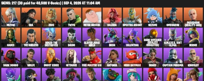 Fortnite account inventory for LVL 2332 - Mizuki - Era - 217 Outfits