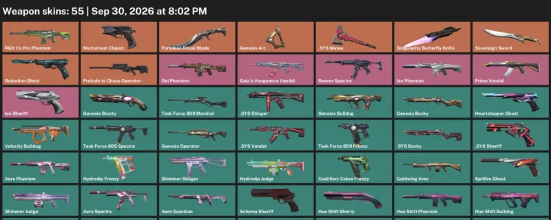 Valorant account inventory for LVL 115 · Forsaken Ritual Blade & Singularity Butterfly Knife