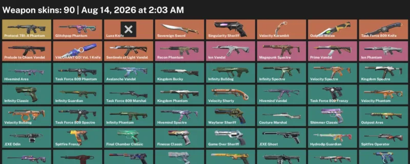Valorant account inventory for LVL 265 · Velocity Karambit & 90 Skins Luxe Knife