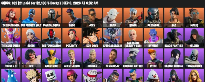 Fortnite account inventory for LVL 1522 - The Imagined - The Mighty Volt - 102 Outfits