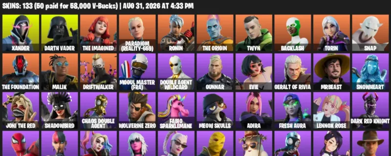 Fortnite account inventory for LVL 1264 - Xander - Darth Vader - 133 Outfits