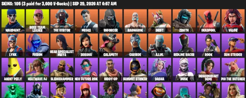 Fortnite account inventory for Warpaint - Rose Team Leader - 105 Outfits