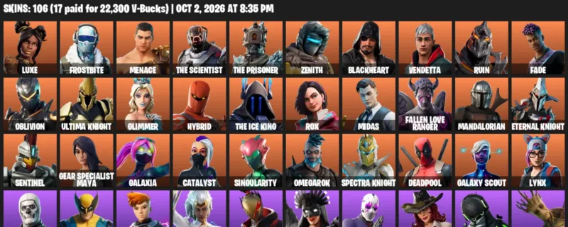 Fortnite account inventory for Luxe - Frostbite - 106 Outfits