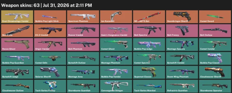 Valorant account inventory for LVL 92 · Ion Karambit & Bolt Phantom