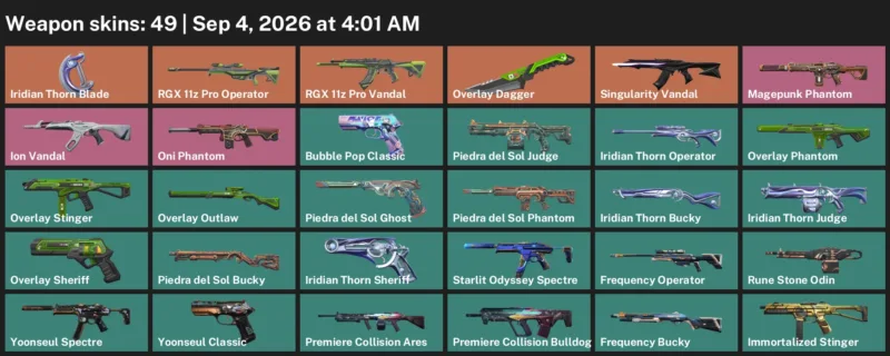 Valorant account inventory for LVL 164 · Iridian Thorn Blade & Overlay Dagger