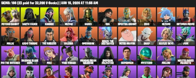 Fortnite account inventory for LVL 2360 - Psycho Bandit - Darth Vader - 166 Outfits