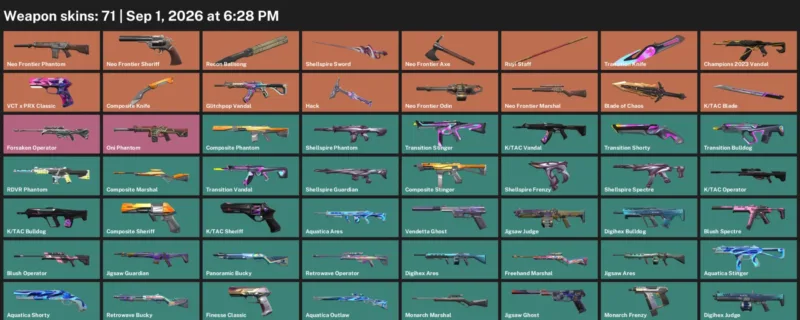 Valorant account inventory for LVL 192 · Transition Knife & Blade of Chaos & Composite Knife