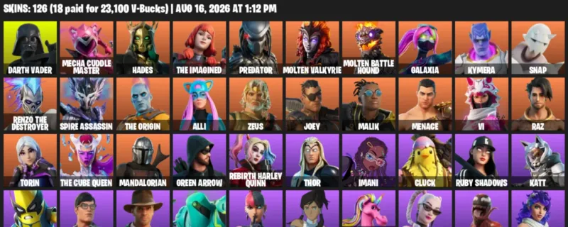 Fortnite account inventory for LVL 1290 - Darth Vader - Mecha Cuddle Master - 126 Outfits