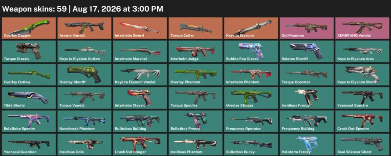 Valorant account inventory for LVL 162 · Arcane Vandal & Overlay Dagger