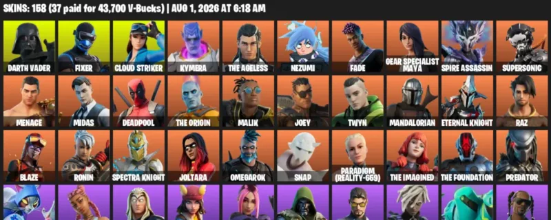 Fortnite account inventory for LVL 2012 - Darth Vader - Fixer - 158 Outfits