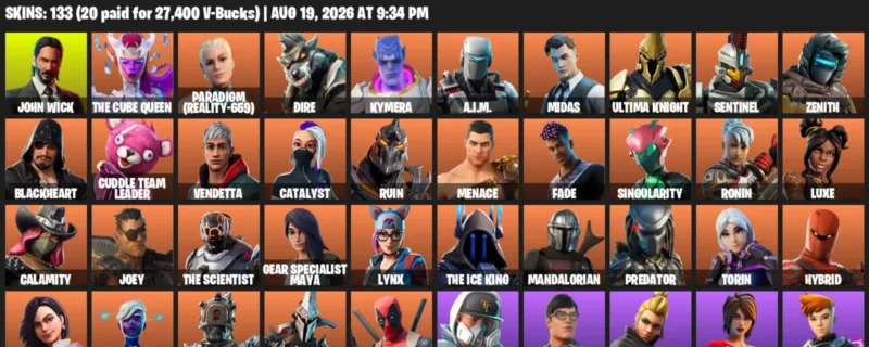 Fortnite account inventory for LVL 1959 - John Wick - The Cube Queen - 133 Outfits