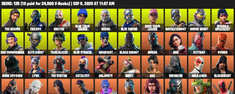 Fortnite account inventory for LVL 1406 - The Reaper - Trilogy - 125 Outfits