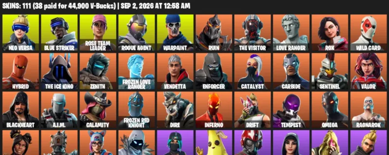Fortnite account inventory for LVL 785 - Neo Versa - Blue Striker - 111 Outfits