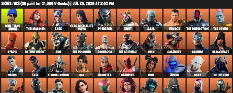 Fortnite Accounts listing: LVL 2208 - Blue Team Leader - The Imagined - 163 Outfits - 163 outfits