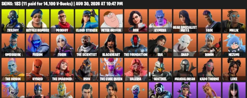 Fortnite account inventory for LVL 2215 - Trilogy - Royale Bomber - 183 Outfits