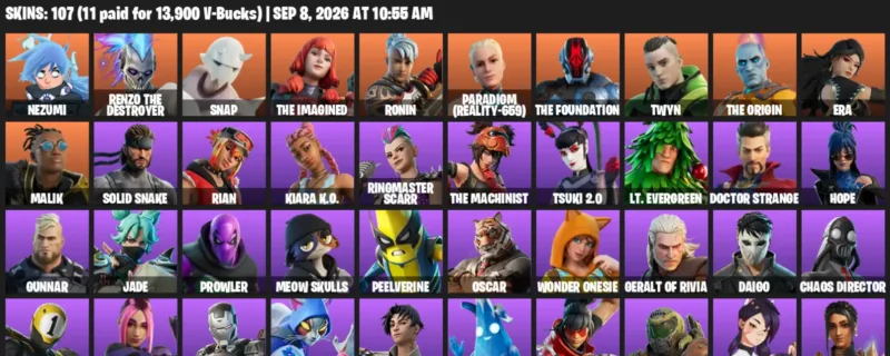 Fortnite account inventory for LVL 2162 - Nezumi - Renzo the Destroyer - 107 Outfits