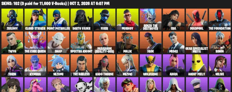 Fortnite account inventory for Trilogy - Cloud Striker - 102 Outfits