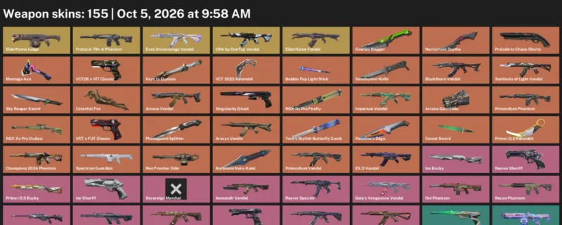 Valorant account inventory for LVL 174 · VCT 2025 Karambit & Xenohunter Knife