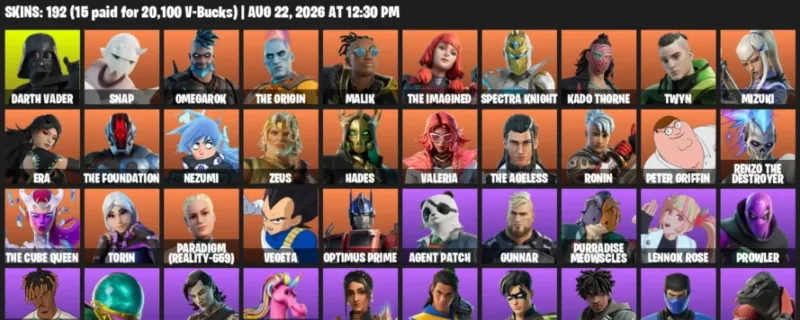 Fortnite account inventory for LVL 3617 - Darth Vader - Snap - 192 Outfits