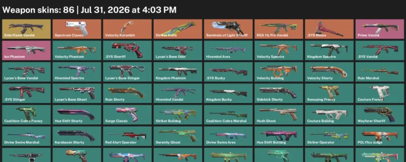 Valorant account inventory for LVL 158 · Velocity Karambit & Striker Knife