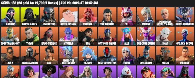 Fortnite account inventory for LVL 3003 - Xander - Darth Vader - 185 Outfits