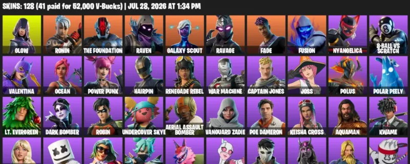 Fortnite Accounts listing: LVL 1564 - Glow - Ronin - 128 Outfits - 128 outfits