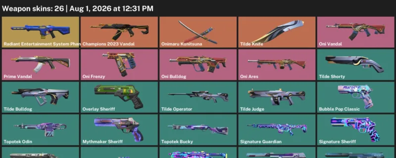 Valorant account inventory for LVL 134 · Champions 2023 Vandal & · Tilde Knife · 26 Skins Tilde Knife