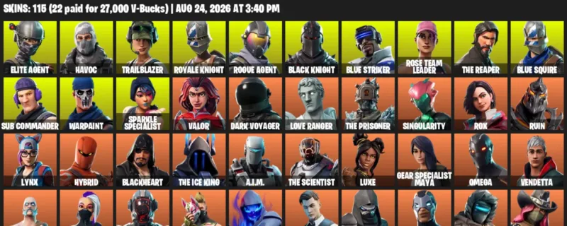 Fortnite account inventory for LVL 1443 - Elite Agent - Havoc - 115 Outfits