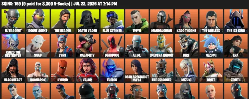 Fortnite Accounts listing: LVL 2177 - Elite Agent - Rogue Agent - 159 Outfits - 159 outfits