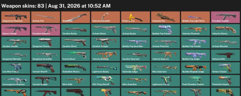 Valorant account inventory for LVL 210 · Celestial Fan & Velocity Karambit & 83 Skins Celestial Fan