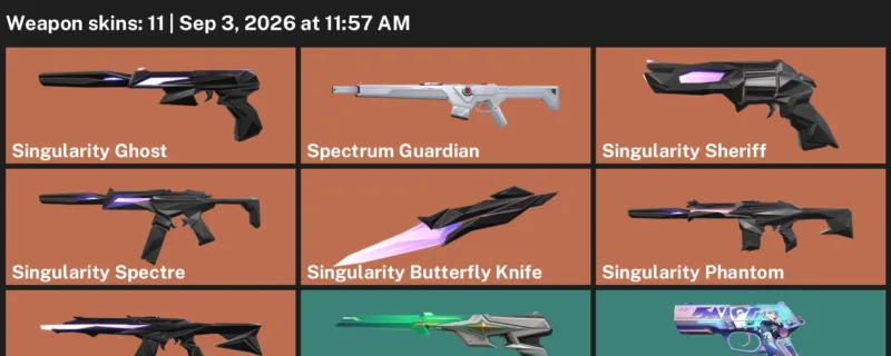 Valorant account inventory for LVL 106 · Singularity Butterfly Knife & Singularity Phantom