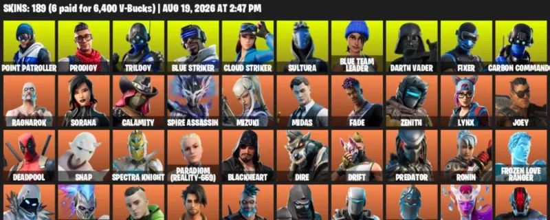 Fortnite account inventory for LVL 2711 - Point Patroller - Prodigy - 189 Outfits