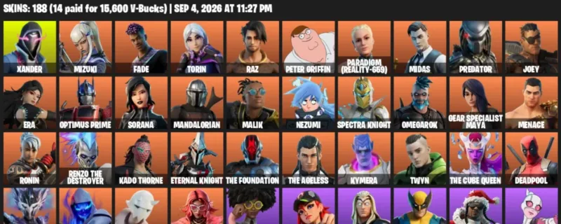 Fortnite account inventory for LVL 3928 - Xander - Mizuki - 188 Outfits