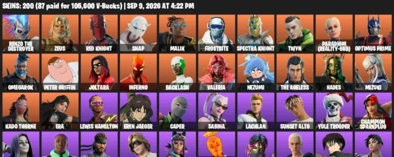 Fortnite account inventory for LVL 3558 - Renzo the Destroyer - Zeus - 200 Outfits