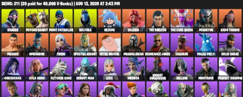 Fortnite account inventory for LVL 2713 - Xander - Psycho Bandit - 211 Outfits