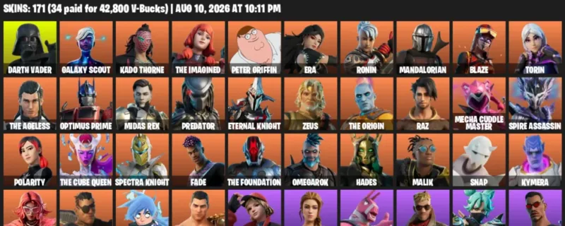 Fortnite account inventory for LVL 2709 - Darth Vader - Galaxy Scout - 171 Outfits