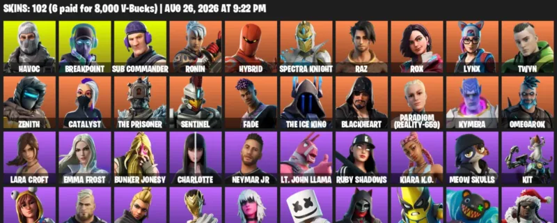 Fortnite account inventory for LVL 1276 - Havoc - Breakpoint - 102 Outfits