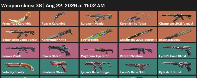 Valorant account inventory for LVL 133 · 38 Skins Champions 2025 Butterfly Knife & Reaver Karambit