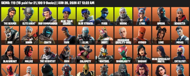 Fortnite account inventory for LVL 2819 - The Reaper - Elite Agent - 119 Outfits