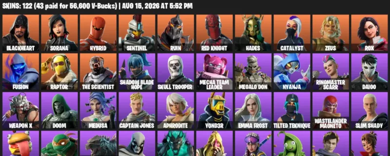 Fortnite account inventory for LVL 2984 - Blackheart - Sorana - 122 Outfits