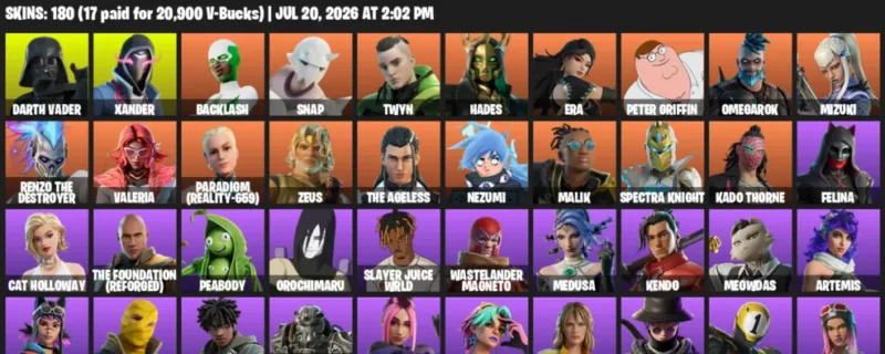 Fortnite Accounts listing: LVL 3320 - Darth Vader - Xander - 180 Outfits - 180 outfits