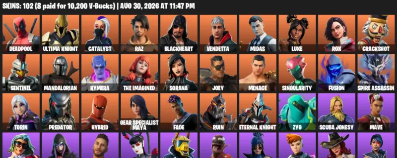 Fortnite account inventory for LVL 2444 - Deadpool - Ultima Knight - 102 Outfits