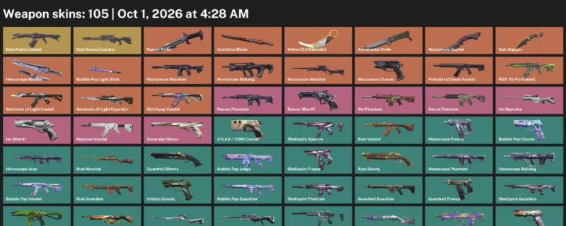 Valorant account inventory for LVL 226 · Nocturnum Scythe & Overdrive Blade & Xenohunter Knife