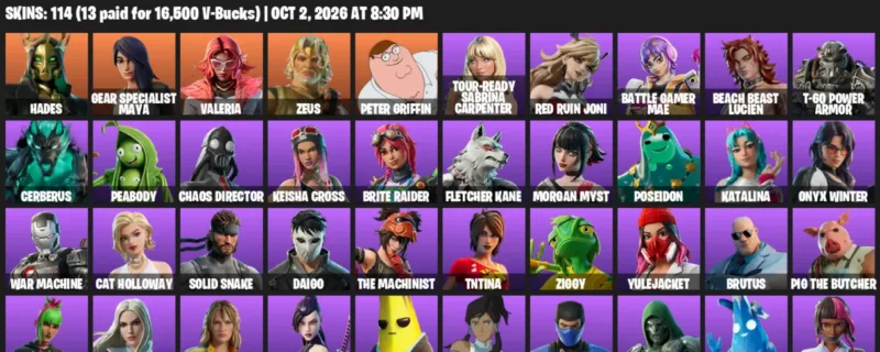 Fortnite account inventory for Hades - Gear Specialist Maya - 114 Outfits