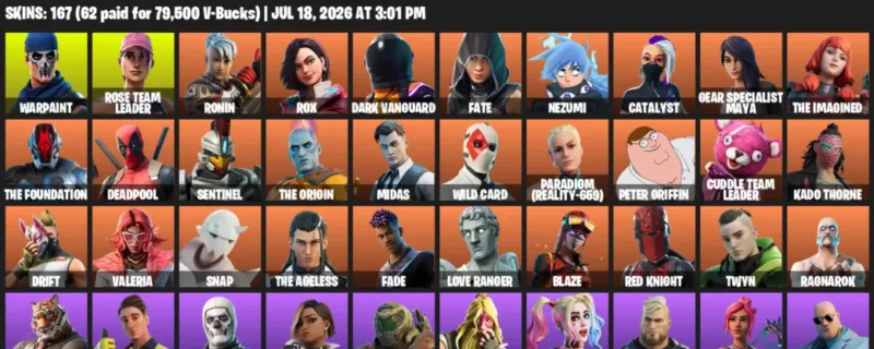 Fortnite Accounts listing: LVL 1855 - Warpaint - Rose Team Leader - 167 Outfits - 167 outfits
