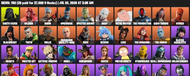 Fortnite Accounts listing: LVL 1414 - Darth Vader - Valeria - 150 Outfits - 150 outfits