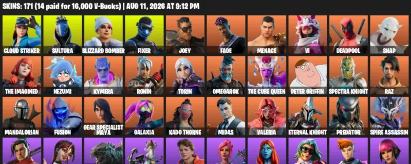 Fortnite account inventory for LVL 2104 - Cloud Striker - Sultura - 171 Outfits