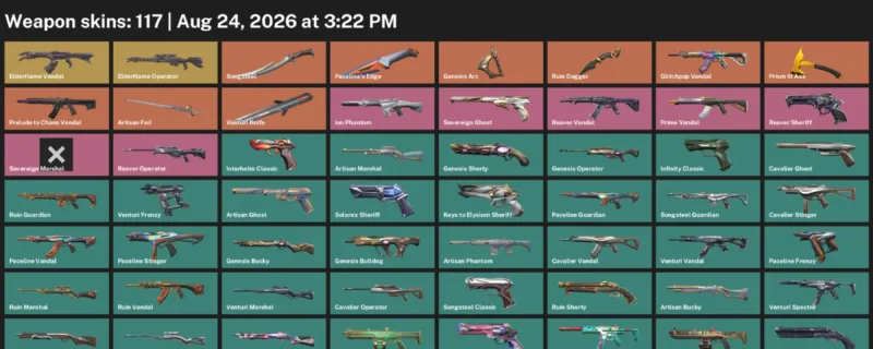 Valorant account inventory for LVL 254 · Ruin Dagger & Venturi Knife & 117 Skins Ruin Dagger